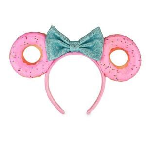 Disney Parks Minnie Mouse Pink Donut Ears Headband Blue Glitter Bow